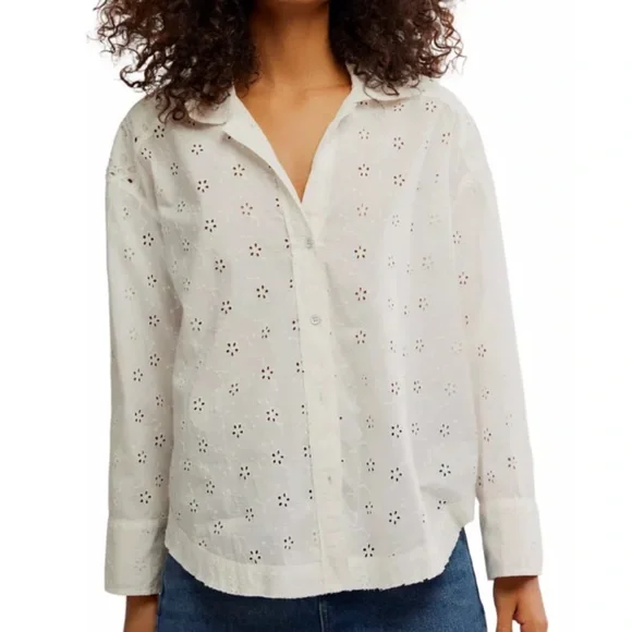 We The Free Mae Washed Eyelet Button Down Shirt size L - Picture 7 of 13